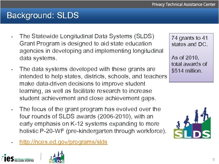 Background: SLDS • The Statewide Longitudinal Data Systems (SLDS) Grant Program is designed to