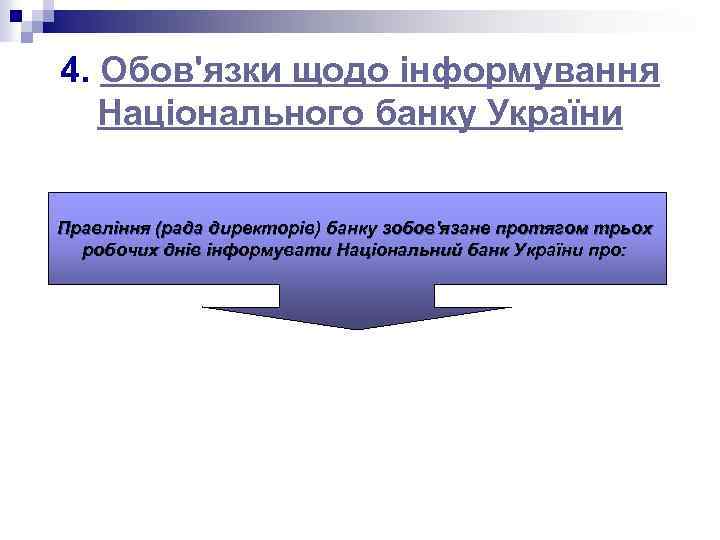 4. Обов'язки щодо інформування Національного банку України Правління (рада директорів) банку зобов'язане протягом трьох