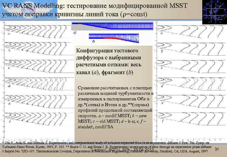 VC RANS Modelling: тестирование модифицированной MSST учетом поправки кривизны линий тока ( =const) с