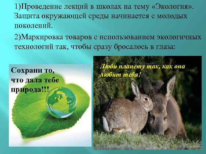  1)Проведение лекций в школах на тему «Экология» . Защита окружающей среды начинается с