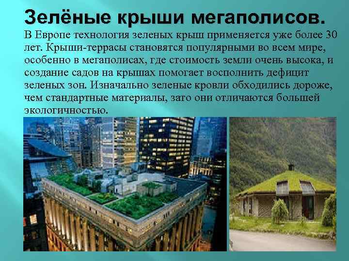Зелёные крыши мегаполисов. В Европе технология зеленых крыш применяется уже более 30 лет. Крыши-террасы