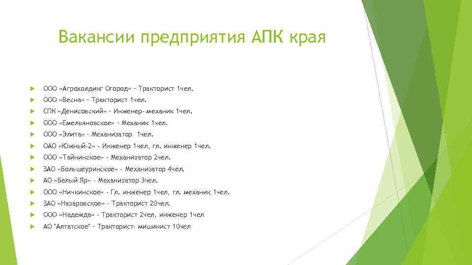 Вакансии предприятия АПК края ООО «Агрохолдинг Огород» – Тракторист 1 чел. ООО «Весна» –