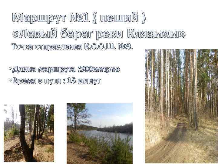 Маршрут № 1 ( пеший ) «Левый берег реки Клязьмы» Точка отправления К. С.