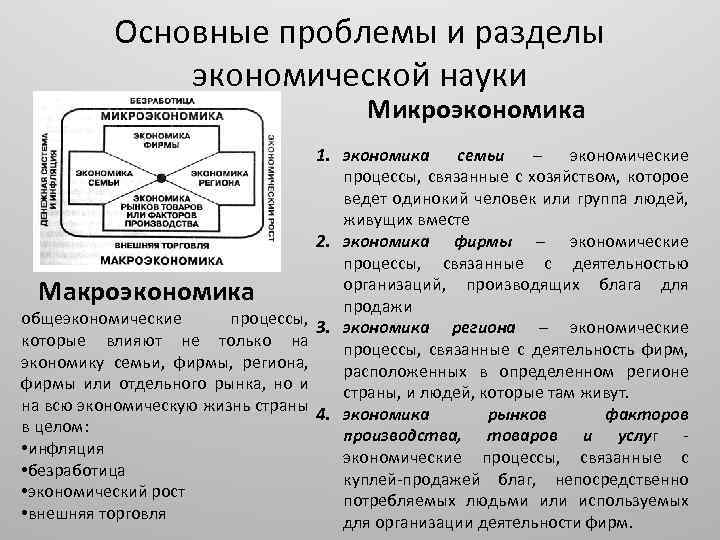 Основные проблемы и разделы экономической науки Микроэкономика Макроэкономика общеэкономические процессы, которые влияют не только