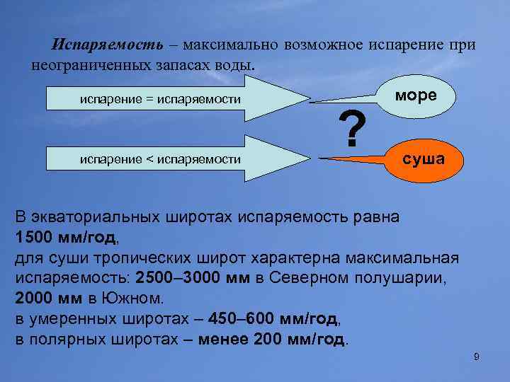 Испаряемость – максимально возможное испарение при неограниченных запасах воды. испарение = испаряемости испарение <