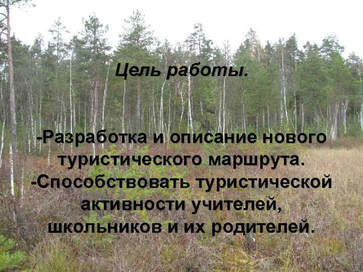 Цель работы. -Разработка и описание нового туристического маршрута. -Способствовать туристической активности учителей, школьников и