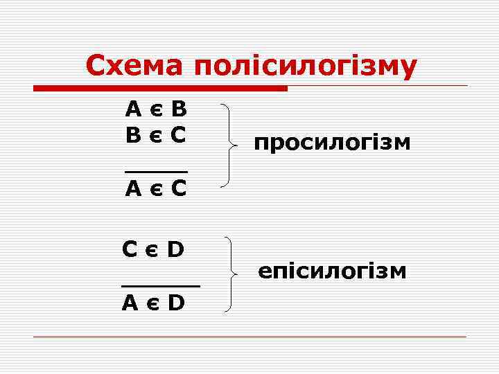 Схема полісилогізму АєВ ВєС ____ АєС просилогізм СєD _____ AєD епісилогізм 