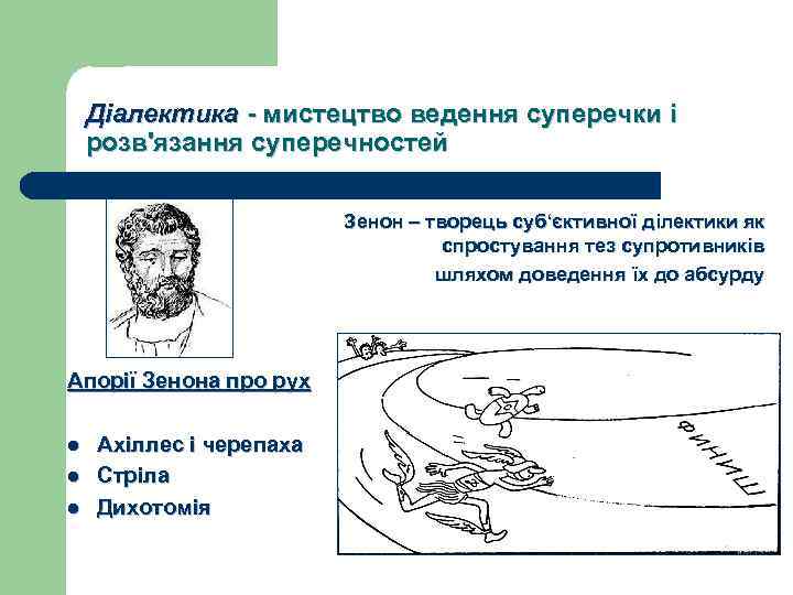 Діалектика - мистецтво ведення суперечки і розв'язання суперечностей Зенон – творець суб‘єктивної ділектики як