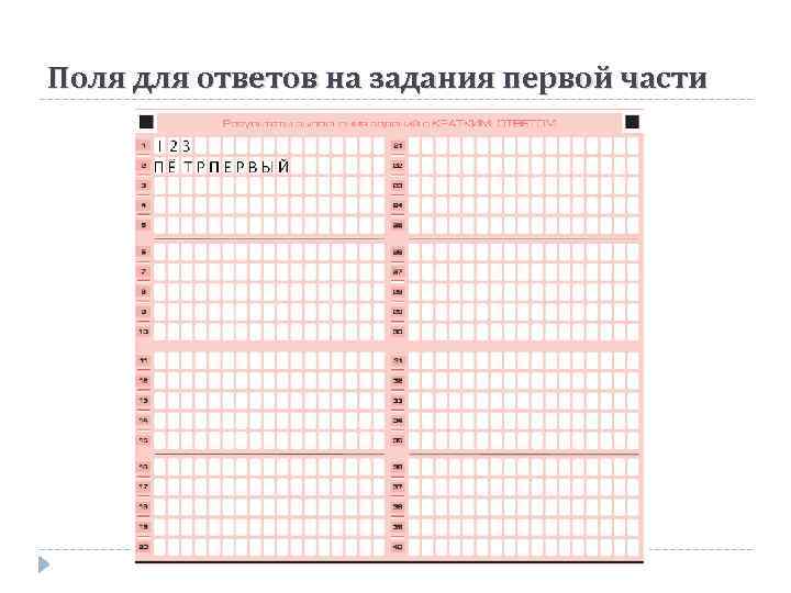 Поля для ответов на задания первой части 