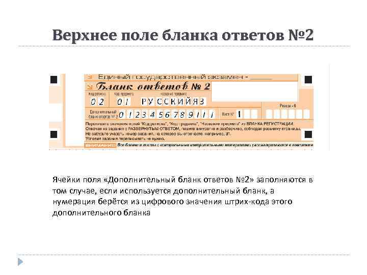 Верхнее поле бланка ответов № 2 Ячейки поля «Дополнительный бланк ответов № 2» заполняются