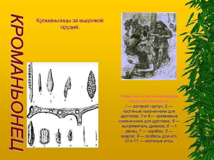 Кроманьонцы за выделкой орудий. Каменные и костяные орудия позднего палеолита: / — роговой гарпун;