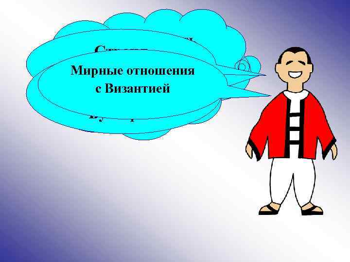 Заставил платить Строил дань Киеву Мирные черты» «засечныеотношения Разгромили вятичей с Византией Волжскую радимичей