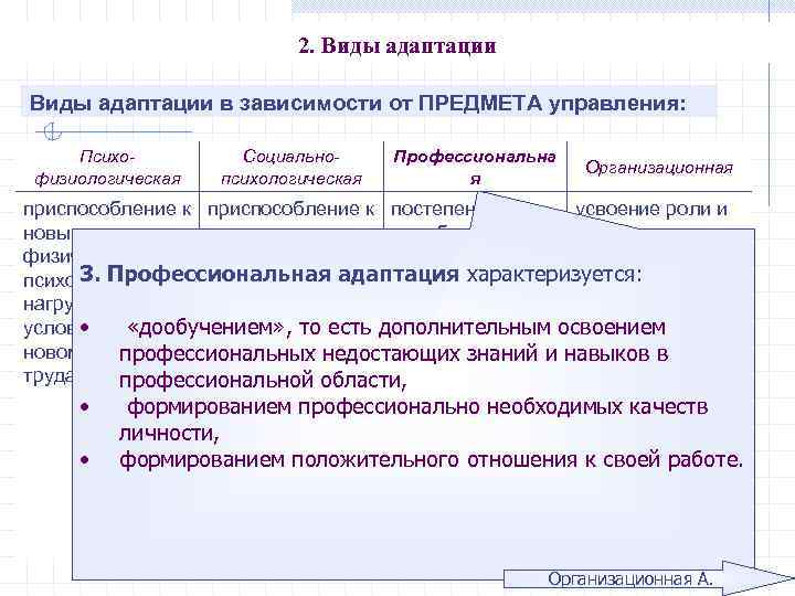2. Виды адаптации в зависимости от ПРЕДМЕТА управления: Психофизиологическая Социальнопсихологическая Профессиональна я Организационная приспособление