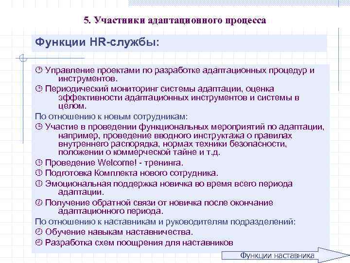 5. Участники адаптационного процесса Функции HR-службы: Управление проектами по разработке адаптационных процедур и инструментов.