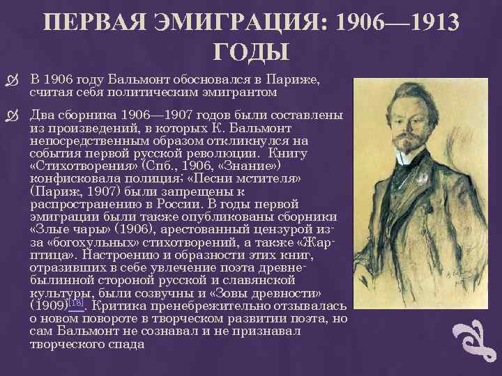 ПЕРВАЯ ЭМИГРАЦИЯ: 1906— 1913 ГОДЫ В 1906 году Бальмонт обосновался в Париже, считая себя