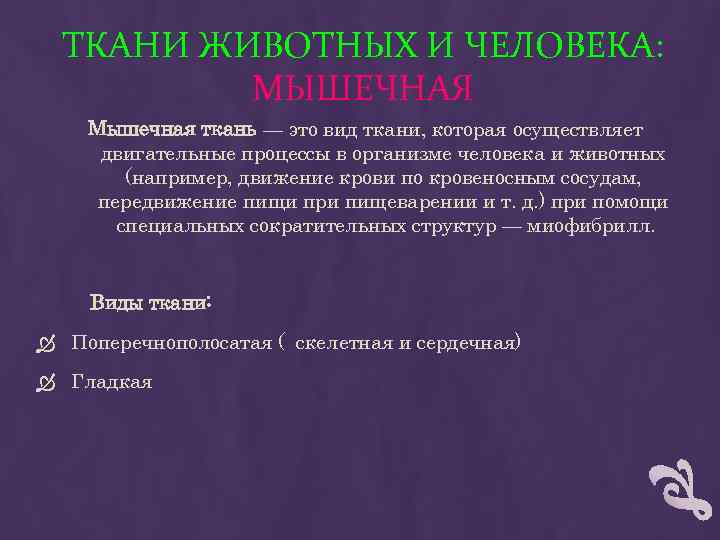 ТКАНИ ЖИВОТНЫХ И ЧЕЛОВЕКА: МЫШЕЧНАЯ Мышечная ткань — это вид ткани, которая осуществляет двигательные