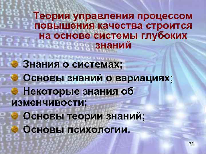 Теория управления процессом повышения качества строится на основе системы глубоких знаний Знания о системах;