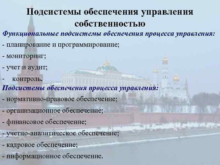 Подсистемы обеспечения управления собственностью Функциональные подсистемы обеспечения процесса управления: планирование и программирование; мониторинг; учет