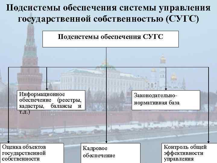 Подсистемы обеспечения системы управления государственной собственностью (СУГС) Подсистемы обеспечения СУГС Информационное обеспечение (реестры, кадастры,