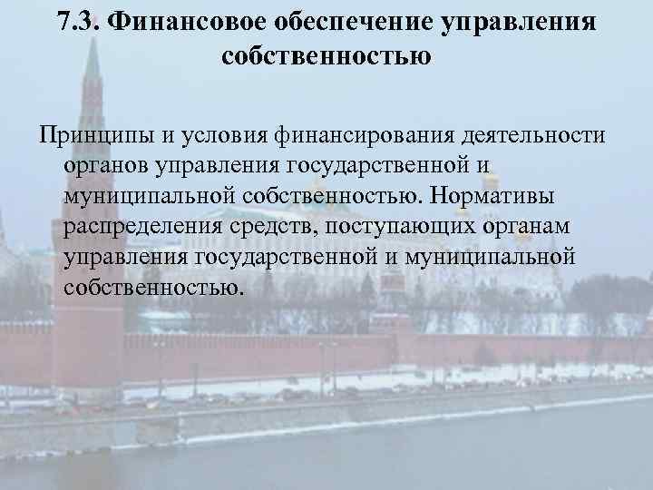 7. 3. Финансовое обеспечение управления собственностью Принципы и условия финансирования деятельности органов управления государственной