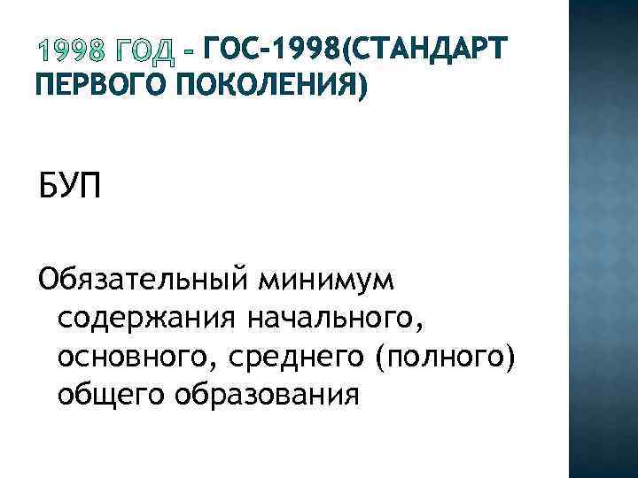 ГОС-1998(СТАНДАРТ ПЕРВОГО ПОКОЛЕНИЯ) БУП Обязательный минимум содержания начального, основного, среднего (полного) общего образования 