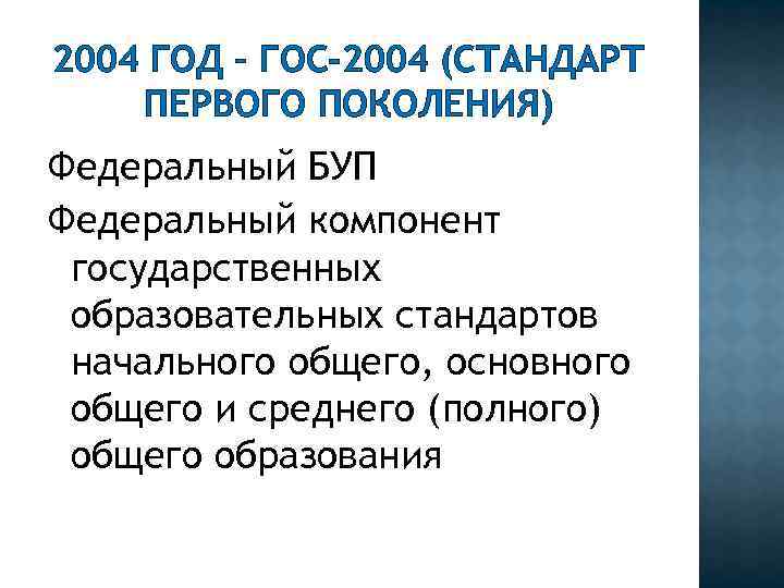 2004 ГОД – ГОС-2004 (СТАНДАРТ ПЕРВОГО ПОКОЛЕНИЯ) Федеральный БУП Федеральный компонент государственных образовательных стандартов