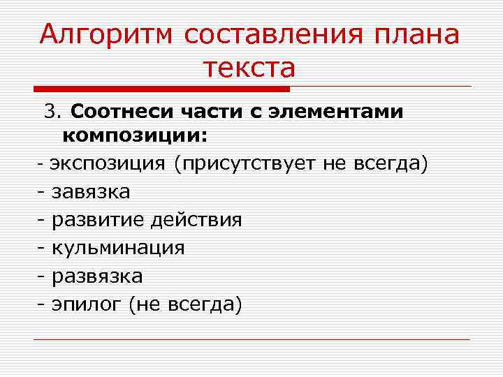 Алгоритм составления плана текста 3. Соотнеси части с элементами композиции: - экспозиция (присутствует не