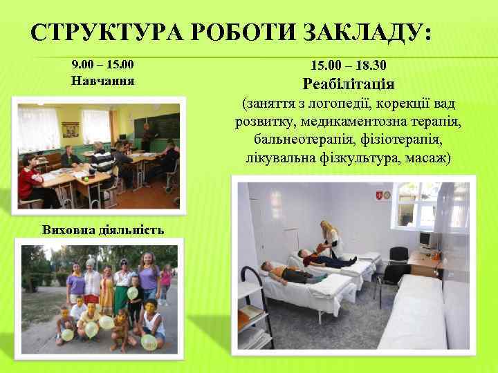 СТРУКТУРА РОБОТИ ЗАКЛАДУ: 9. 00 – 15. 00 Навчання 15. 00 – 18. 30