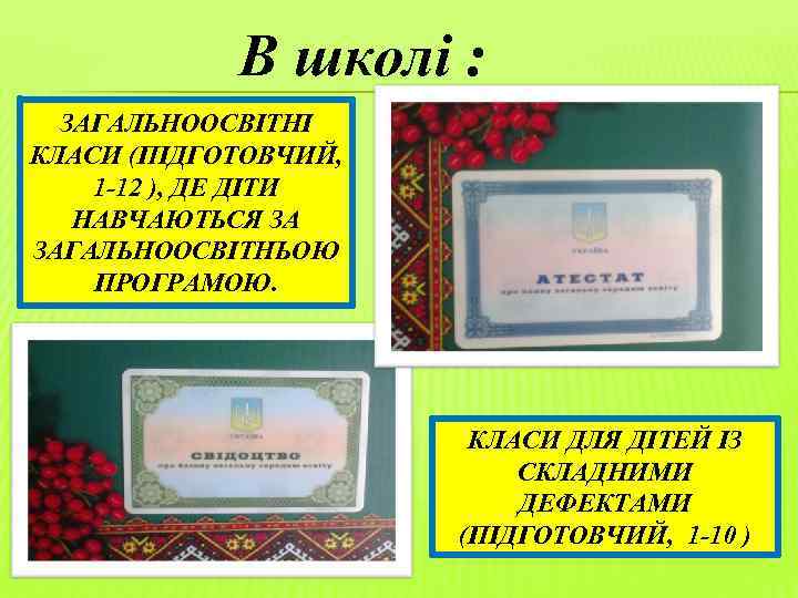 В школі : ЗАГАЛЬНООСВІТНІ КЛАСИ (ПІДГОТОВЧИЙ, 1 -12 ), ДЕ ДІТИ НАВЧАЮТЬСЯ ЗА ЗАГАЛЬНООСВІТНЬОЮ