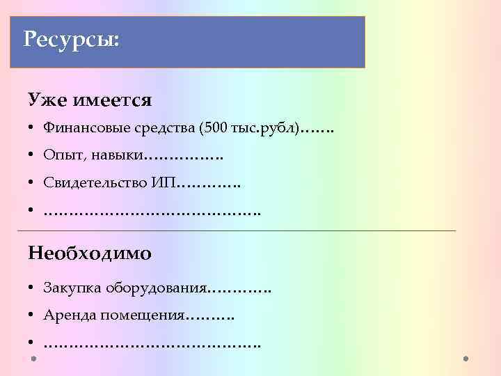 Ресурсы: Уже имеется • Финансовые средства (500 тыс. рубл)……. • Опыт, навыки……………. • Свидетельство