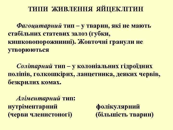  ТИПИ ЖИВЛЕННЯ ЯЙЦЕКЛІТИН Фагоцитарний тип – у тварин, які не мають стабільних статевих