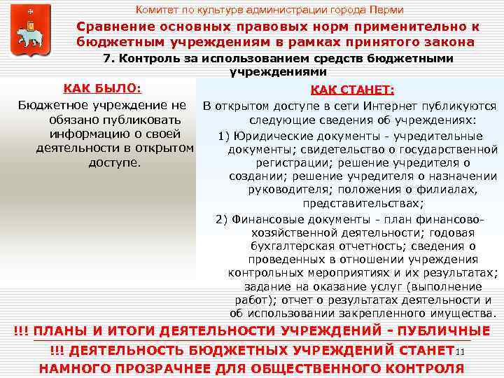 Комитет по культуре администрации города Перми Сравнение основных правовых норм применительно к бюджетным учреждениям