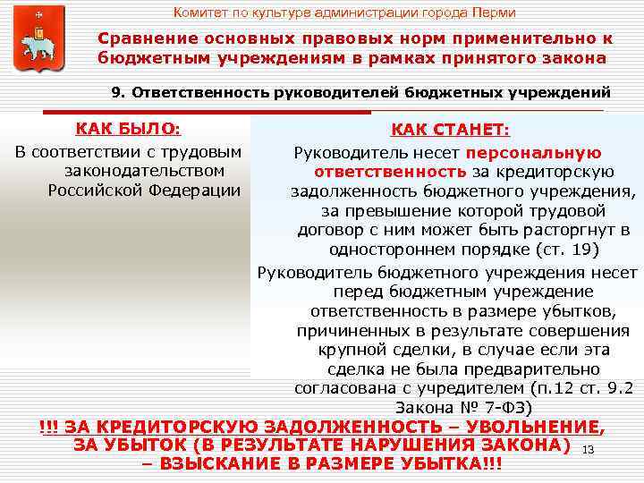 Комитет по культуре администрации города Перми Сравнение основных правовых норм применительно к бюджетным учреждениям