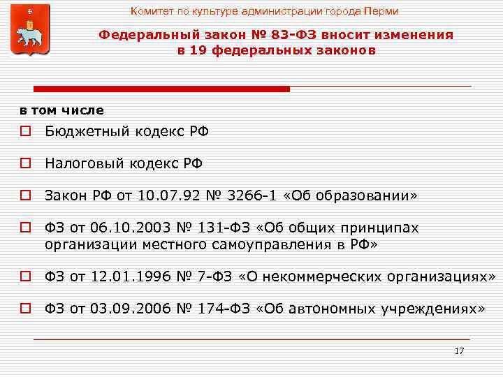 Комитет по культуре администрации города Перми Федеральный закон № 83 -ФЗ вносит изменения в
