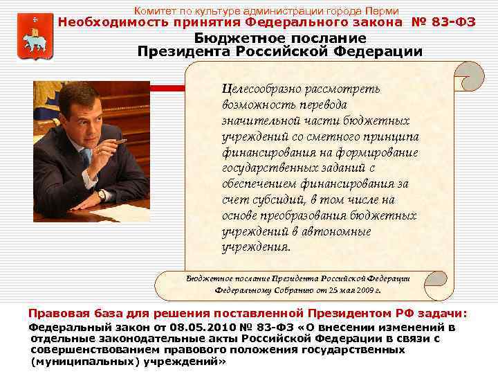 Комитет по культуре администрации города Перми Необходимость принятия Федерального закона № 83 -ФЗ Бюджетное