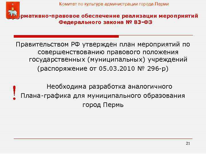 Комитет по культуре администрации города Перми Нормативно-правовое обеспечение реализации мероприятий Федерального закона № 83