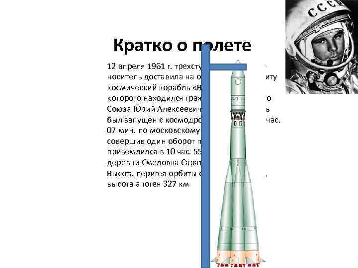Кратко о полете 12 апреля 1961 г. трехступенчатая ракетаноситель доставила на околоземную орбиту космический