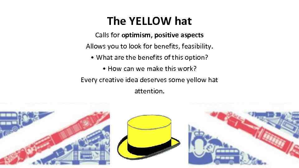 The YELLOW hat Calls for optimism, positive aspects Allows you to look for benefits,