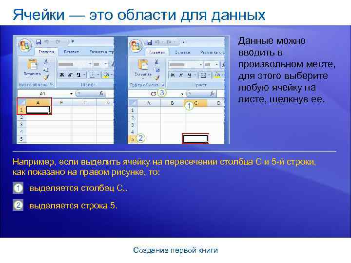 Ячейки — это области для данных Данные можно вводить в произвольном месте, для этого