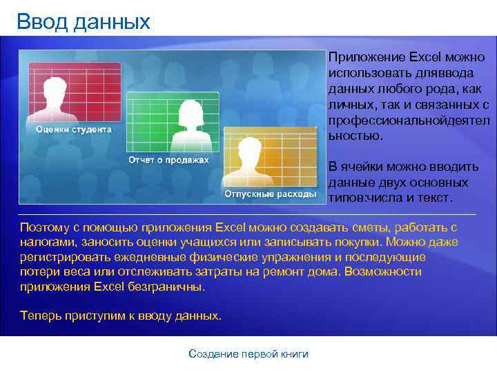 Ввод данных Приложение Excel можно использовать дляввода данных любого рода, как личных, так и