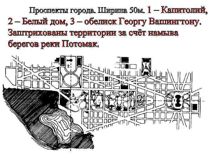 Проспекты города. Ширина 50 м. 1 – Капитолий, 2 – Белый дом, 3 –