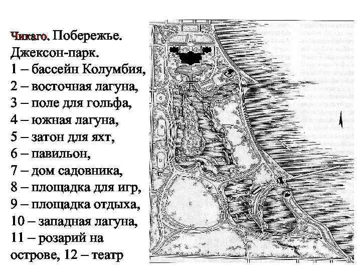 Чикаго. Побережье. Джексон-парк. 1 – бассейн Колумбия, 2 – восточная лагуна, 3 – поле