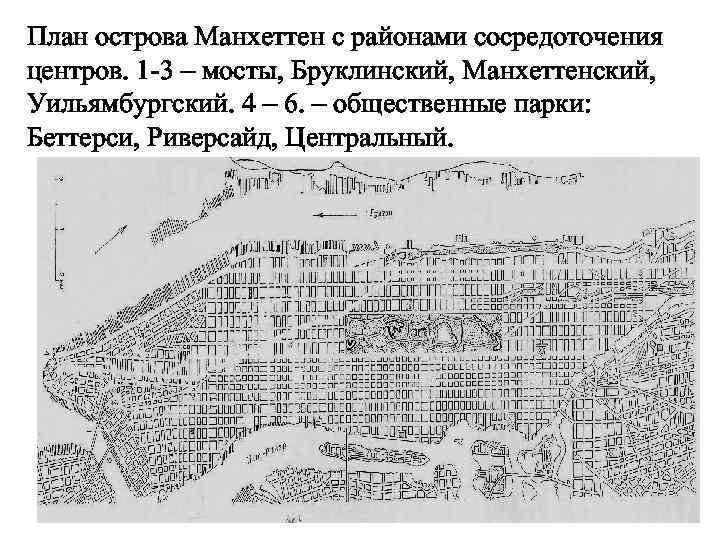 План острова Манхеттен с районами сосредоточения центров. 1 -3 – мосты, Бруклинский, Манхеттенский, Уильямбургский.