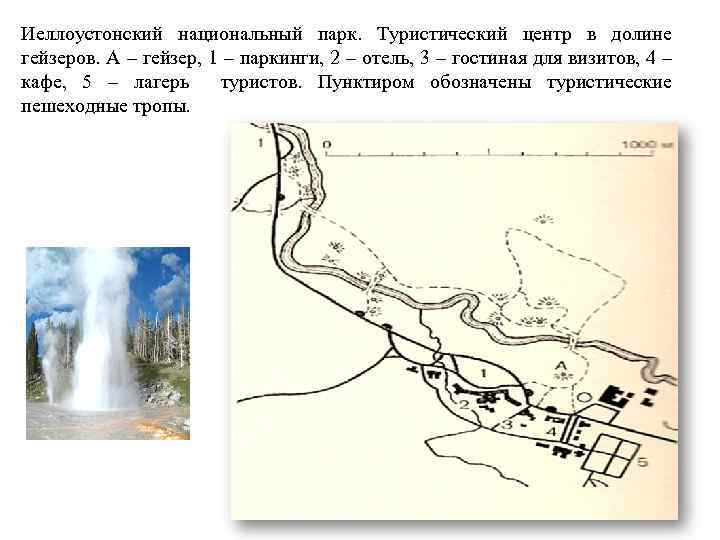 Иеллоустонский национальный парк. Туристический центр в долине гейзеров. А – гейзер, 1 – паркинги,