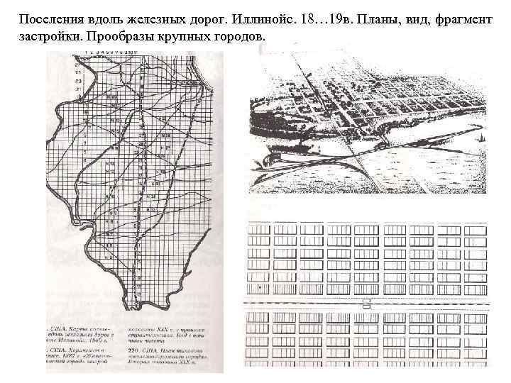 Поселения вдоль железных дорог. Иллинойс. 18… 19 в. Планы, вид, фрагмент застройки. Прообразы крупных
