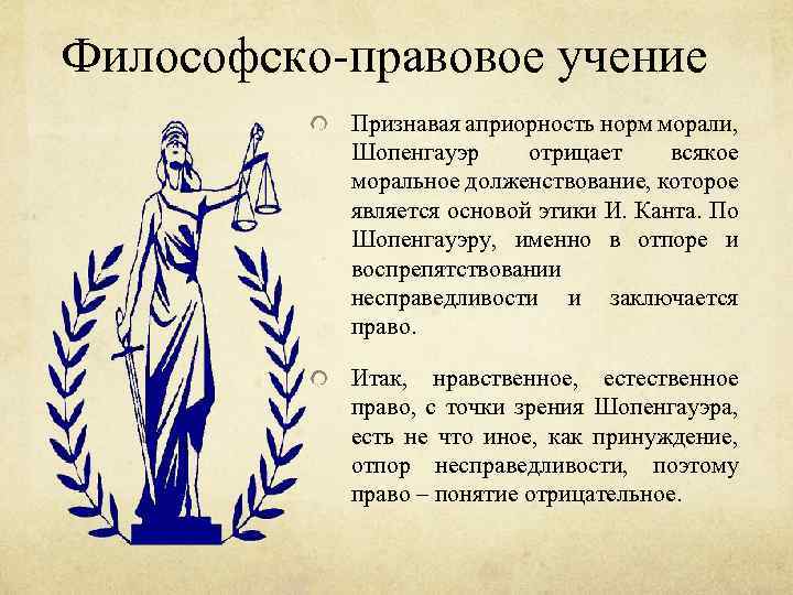 Философско-правовое учение Признавая априорность норм морали, Шопенгауэр отрицает всякое моральное долженствование, которое является основой