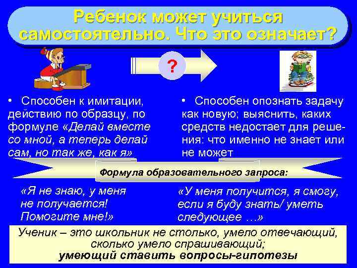 Ребенок может учиться самостоятельно. Что это означает? ? • Способен к имитации, действию по
