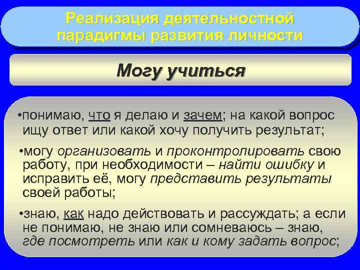 Реализация деятельностной парадигмы развития личности Могу учиться • понимаю, что я делаю и зачем;