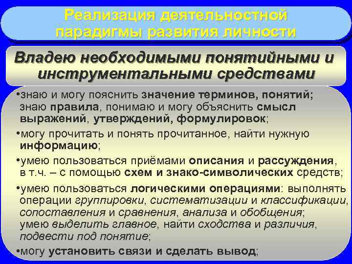Реализация деятельностной парадигмы развития личности Владею необходимыми понятийными и инструментальными средствами • знаю и