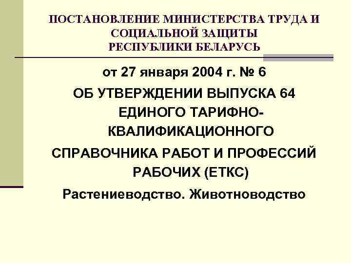 ПОСТАНОВЛЕНИЕ МИНИСТЕРСТВА ТРУДА И СОЦИАЛЬНОЙ ЗАЩИТЫ РЕСПУБЛИКИ БЕЛАРУСЬ от 27 января 2004 г. №